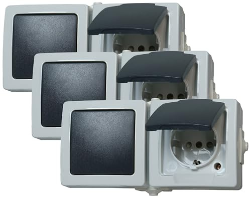 Kopp 138656001 Aus- / Wechselschalter-Steckdosenkombination Aufputz Feuchtraum Nautic (Packung mit 3)