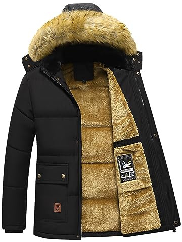 ANUFER Men's Thermal Winter Parka Jacket Thick Fluff Lining Cotton Padded Coat with Detachable Fur Hood