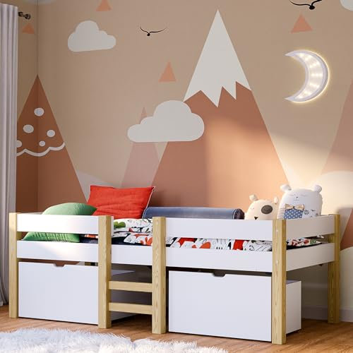 Bellabino Aspy Kinderbett 90x200 cm – Hochbett mit 2 Schubladen, Rausfallschutz & Lattenrost – Halbhochbett mit Leiter aus Kiefer Massivholz in Weiß/Natur – Jugendbett mit Stauraum