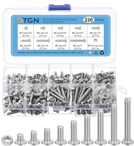 DTGN Linsenkopfschrauben-Muttern-Set 304 Edelstahl #6-32(D) 220 Pack | 3/16, 1/4, 5/16, 3/8, 1/2, 5/8, 3/4 ,7/8,1(L) Innensechskantschrauben Muttern Sortiment– UNC Vollgewinde