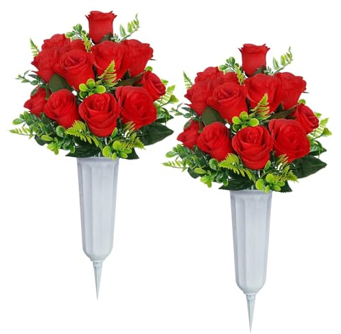 Wcro Red Artificial Cemetery Flowers,2 Sets Artificial Rose with Vase