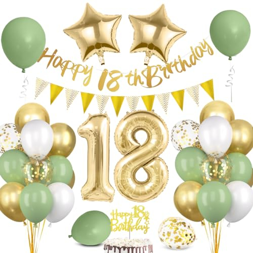 Deko 18. Geburtstag Junge Mädchen - Luftballons Grün Gold, Happy Birthday Banner Wimpelkette, Folienballon Zahl 18, Cake Topper für Party Dekoration