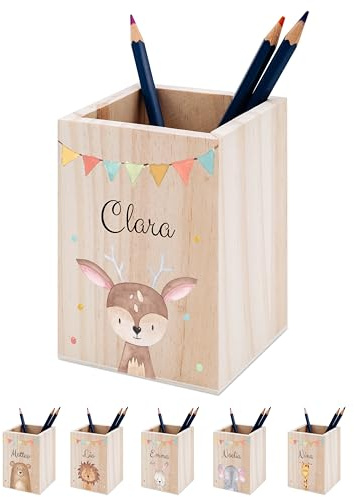 wunderwunsch® - Personalisierter Stiftehalter Kinder aus Holz - Kreativer und praktischer Schreibtisch-Organizer Kinder mit Namen - Perfektes Einschulung Geschenk und Geburtstag (Reh)