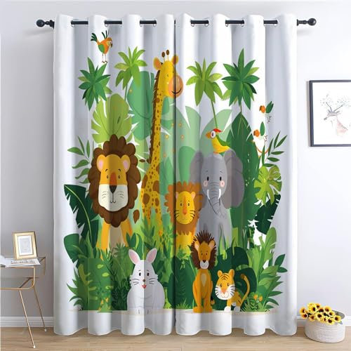 Verdunklungsvorhänge Gardinen mit Ösen Blickdichte Vorhänge Lärmschutzvorhang für Kinderzimmer Thermo Gardinen mit Niedliche Cartoon-Dschungeltiere Muster, 230 x 117 cm (HxB), Grüne Pflanzen 2er Set