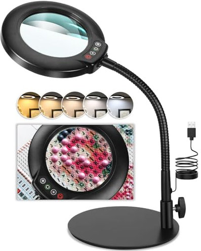 Veemagni 10X Lupe mit Licht und Ständer, 5 Farbmodi stufenlos dimmbare LED beleuchtete Schreibtischlampe, Hände frei Flexible Schwanenhals Lupe mit Licht für Handwerk Hobby Malerei Schließen Arbeit