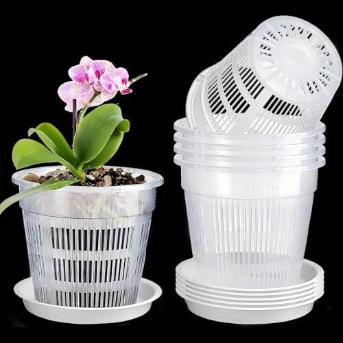 lcvtos Vaso per Orchidee in Plastica Trasparente, 5 Pezzi, Realizzato in Plastica Bianca con Fori di Drenaggio e Vassoi, Adatto per Piantare Piante in Vaso Nei Giardini (140 mm)