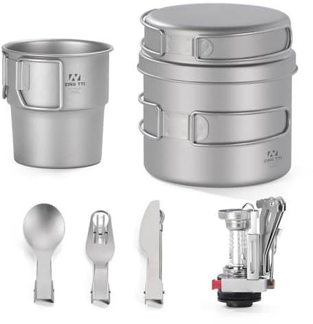 ZING TTI Titan Topfset, Camping Kochgeschirr Kit, Leichter Topf mit Mini Herd, Titan Tasse, Titan Gabel, Titan Löffel, Titan Messer für Rucksackreisen, Kochen im Freien, Wandern und Picknick