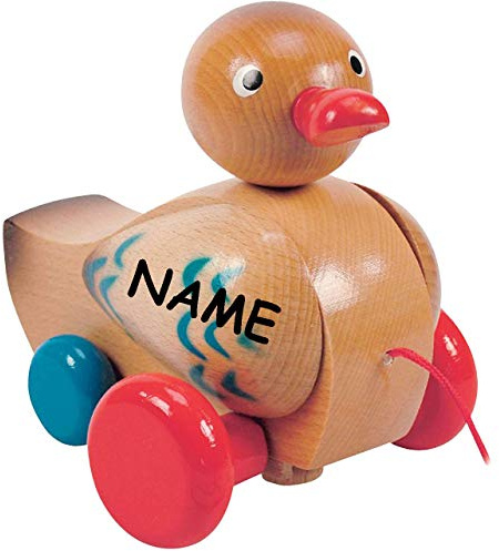 alles-meine.de GmbH Ziehtier - lustige Ente - incl. Name - aus Holz/Wackeltier - Flügel & Kopf wackelt - mit Schnur - Ziehfigur als Nachziehtier - Tier Holzfigur - zum Hint..