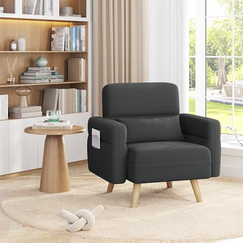 Yaheetech Divano Singolo da Salotto Poltrona Imbottita 75 × 71,5 × 84,5 cm Sofa Piccolo da Salotto Poltrona in Tessuto con Tasche Laterali per Soggiorno Camera da Letto Grigio Scuro