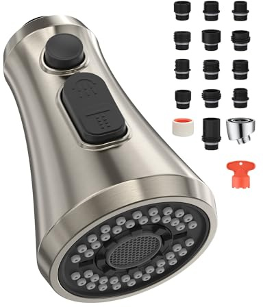 Mbillion Kitchen Faucet Head Replacement 3 Modes Polished Chrome Pull Down Sprayer Head Replacement with 14 Adapters Kitchen Sink Faucet Head (Brushed Nickel)