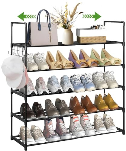 Scarpiera a 5 livelli, scarpiera stretta per 10-20 paia, organizer per scarpe estensibile 41-76 cm, Shoe Rack con ganci, scaffale per scarpe impilabile, per ingresso, bagno, soggiorno, armadio