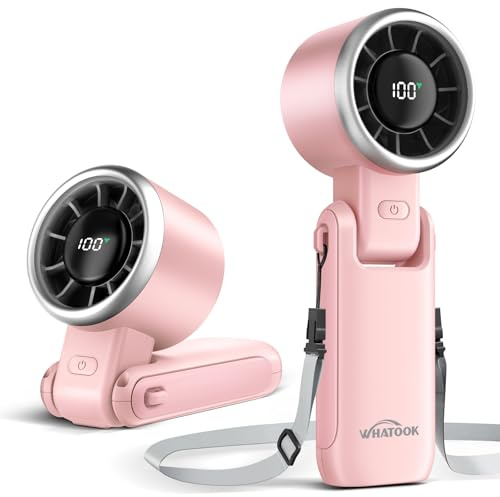 WHATOOK Mini Handventilator：3-in-1 Handventilator Rosa | 5 Geschwindigkeitsstufen Kleiner Taschenventilator Mit LED Anzeige, Faltbarer USB-Ventilator für Büro, Outdoor, Reisen