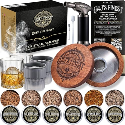 Whiskey Smoker Kit with Torch, 2 Glasses & 2 Ice Molds - 6 Wood Chips| Cocktail Smoker Kit for Smoked Drinks| Bourbon Smoker Kit| Old Fashioned Smoker Kit| Whiskey Gift for Men (No Butane Incl.)