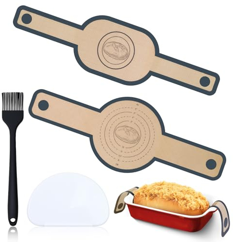 2 Pcs Silicone Bread Sling for Dutch Oven,Bread Baking Mat with Long Handles Reusable,Non-Stick Bread Placing Liner,Bread Sling with Dough Scraper and Silicone Brush,Baking Supplies