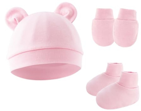 Hybursky Newborn Baby Beanie Hat and Gloves Socks 3 Pack Cotton Newborn Hospital Nursing Hats Accessories for Infant Boys Girls Unisex 0-6 Months(Pink)