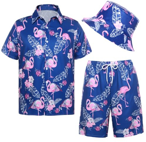 Angenster Ensemble chemise hawaïenne et short pour homme, tenue d'été décontractée et funky pour la plage, flamant rose, chemise avec chapeau bob, chemises hawaïennes de vacances, bleu, XXL