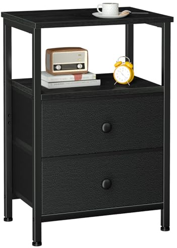 LOAKEKEL Bedside Table, Side Table with 2 Fabric Drawers, Sofa Table | Bedside Cabinet with Open Storage Shelf, End Table, Nightstand for Living Room, Bedroom, Black UHETS002BK-1