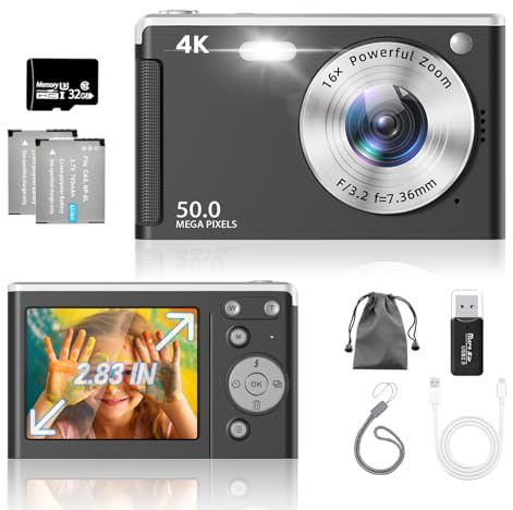 Appareil Photo Numérique, UHD 4K​​ 50MP Autofocus Digital Camera avec Carte SD 32 Go, Zoom 16X, Anti-Shake, 2 Grosses Batteries, ​​Appareil Photo Compact pour Enfants Adultes ​​Débutants​ (Noir)