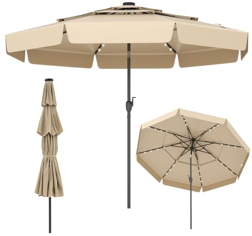 COSTWAY Sombrilla Terraza Exterior 3M, Parasol Jardin Solar con 32 Luces LED, Parte Superior Ventilada de 3 Niveles, Volantes, Ajuste de Inclinación 35°, Manivela, 8 Varillas (Beige)