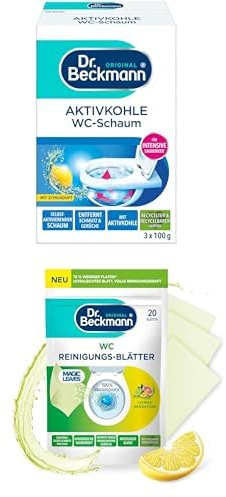 Bundle aus Dr. Beckmann Aktivkohle Wc-Schaum, Selbstaktivierender Schaum 3x 100 g + Dr. Beckmann WC Reinigungs-Blätter CITRUS SENSATION | 20 Blätter