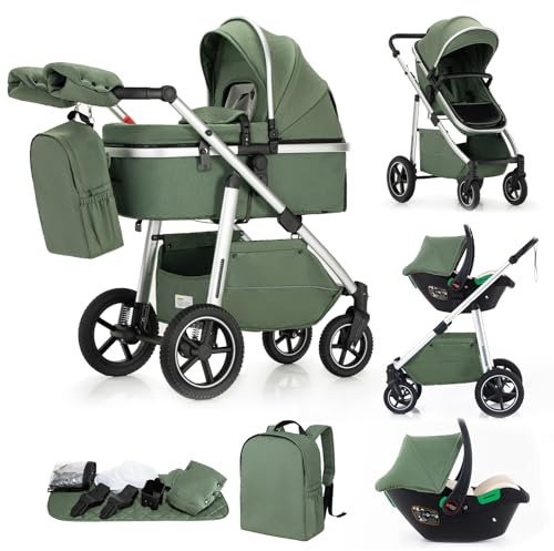 Gcarebb Passeggino 3 in 1, Passeggini Urbani Con Seggiolino Auto, Passeggino Leggero/Ombrello Maniglia Regolabile in Altezza, Passeggini Combinati Vista Alta Telaio in Alluminio Adatto Per 0-4 Anni