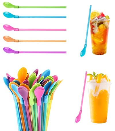 Yotlein 20 Pezzi Cucchiaio di Paglia Riutilizzabili, Cannucce a Cucchiaio, Cucchiaio a Cannuccia in Plastica Colorata, Cannucce Colorate per Cocktail Latte Freddo Frullati Caffè Freddo