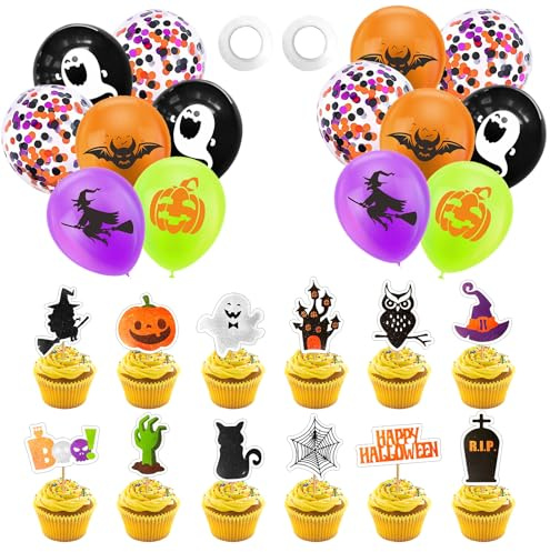 Jocanova Halloween Cupcake Topper Set, 28 Stück Halloween Kuchendeko mit Luftballons & Zahnstocher-Fähnchen, Perfekte Party Dekoration für Cupcakes & Desserts