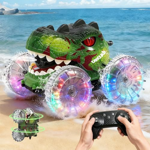 Muakiz Dinosaurier Amphibienfahrzeug Ferngesteuert Auto: 4WD RC Auto mit Wasserpistole - IPX7 Wasserdicht 360°Drehung 2.4GHz - Dino Kinderspielzeug mit ab 6-12 Jahre für Outdoor, Geburtstagsgeschenk