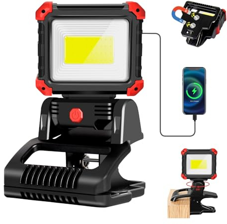 MASMEJOR Projecteur LED Rechargeable avec Pince & Aimant, 2100LM projecteur de Chantier, 3 Modes d'éclairage, Pivot 270°, IPX5 Étanche pour Camping, Atelier, Réparation, Urgence