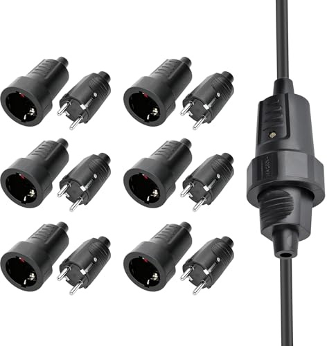 6 Paar Schuko Stecker Kupplung, 250V 16A Schutzkontakt Stecker, Gummi Schukokupplung Set mit Knickschutz, 2-polig Gummistecker Kupplung Set, Stecker und Kupplung für Außenbereich - Schukostecker
