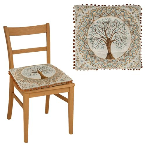 Marrakesch Stuhlkissen Sitzkissen Braun 40 cm | Bodenkissen Aus Baumwolle Bestickt mit Baum des Lebens Motiv | Boho Kissen Guansha für Esszimmerstuhl Gartenstuhl | als Esszimmer Wohnzimmer Deko