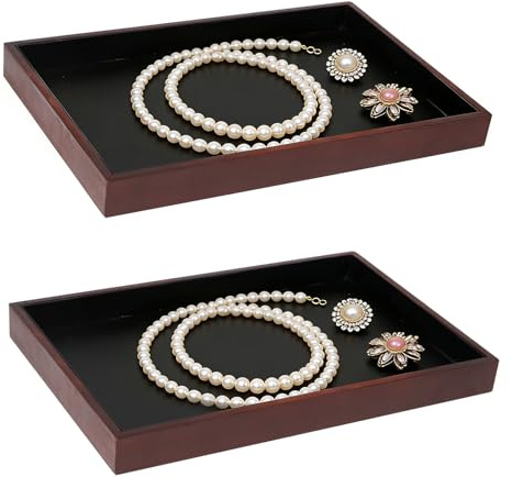 Sxutop 2 Pièces Plateau à Bijoux en Bois 35x24x3cm Plateau de Presentation Bijoux Empilable Organisateur de Bijoux Plat Bois pour Ranger et Exposer Anneaux,Colliers,Bracelets