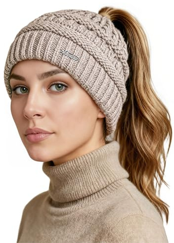 Neverless® Damen Strickmütze Mütze Zopfloch Grobstrick Ungefüttert Wintermütze Langhaar Frauen