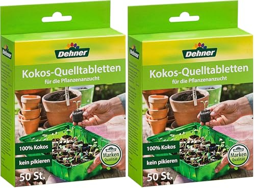 Dehner Kokos-Quelltabletten | Kokoserde Quelltabs, Aussaaterde Quelltopf, Torffreie Anzuchterde | biologisch abbaubar | Anzucht von Stecklingen, Sämlingen und Saaten | gedüngt | Ø 38 mm | 50 Stück