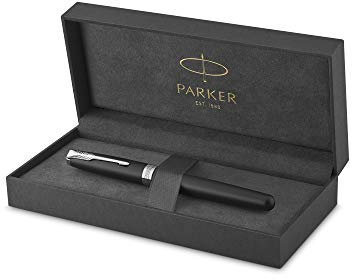 Parker Sonnet Fountain Pen | Black Lacquer with Palladium Trim | Solid 18K Gold Medium Nib | Gift Box