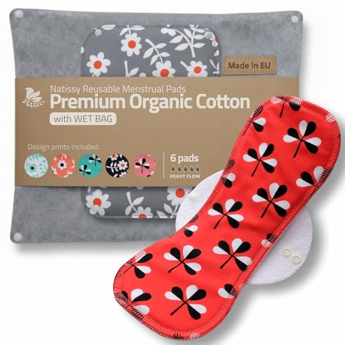 Återanvändbara sanitetspadlar, 6-pack (L&XL) bomull tvättbara menstruationskuddar för kvinnor, tygbyxor tillverkade i EU, ekologiska handdukar för menstruationsperioder, inkontinens, postförfödelse, tung flöde; w/o kemikalier