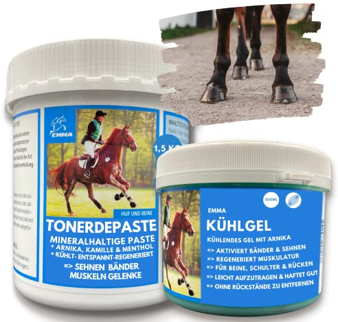 essigsaure Tonerde Pferd + Pferdebalsam kühlend 500ml 1,5kg Heilerde Paste I Massage creme Gel zur Entspannung Sehnen Gelenke Muskeln Bänder Pferdesalbe - Arnika Salbe + Tonerde Pferd extra stark