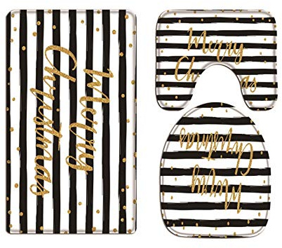 A.Monamour Badezimmer Badematte 3 Teilig Set Gold Glitzernden Schriftzug Frohe Weihnachten Schwarz Weiß Flanell WC Toilette Deckel Deckt Bad Matte Teppich Badteppiche Badvorleger Badgarnitur Vorleger