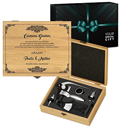 Maverton Kit Accessori da Vino Deluxe - Set Cavatappi da Vino Personalizzato - Scatola in Legno di bambù + 8 Pezzi di Accessori Vino - Idee Regalo per Anniversario - Ringraziamento