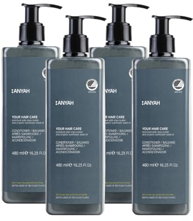 Anyah Balsamo per Capelli - Arricchito con Burro di Karitè e Olio di Semi di Girasole Biologico - Certificato Ecolabel - Made in Italy - 4 x 480 ML