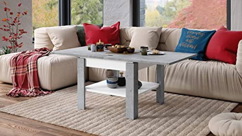Design Couchtisch Tisch Leo Beton - Weiß matt aufklappbar 65-130cm Esstisch