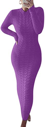 ORANDESIGNE Robe Femme Longue Hiver Tricoté Chic et Élégant Pull Long Manche Longue Moulante Décontractée Chaude Maxi Pullover Tricot Côtelé Violett XS