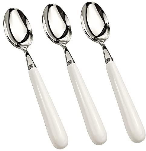 Menülöffel, 3 Stück, 20cm 8Zoll, Hauptlöffel 18-10 Edelstahl weiß Keramikgriff, Tafellöffel, Suppenlöffel, Dessertlöffel, Splittergeschirr, spülmaschinenfest, 3er-Set