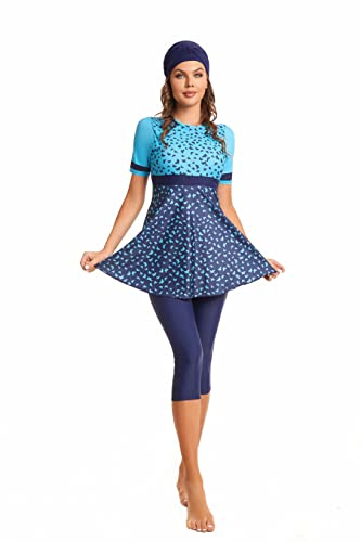 Modest Short Sleeve Swimsuits for Women 3-Piece Bathing Suits Floral Print Swimming Suits Plus Size Rash Guard