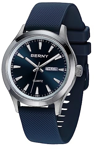 BERNY Montre à Quartz pour Homme Miyota 2105 Mouvement Mode Sport Wirstwatch 3ATM Étanche Jour Date Cadran Coloré Libération Rapide Bracelet de Montre en Silicone