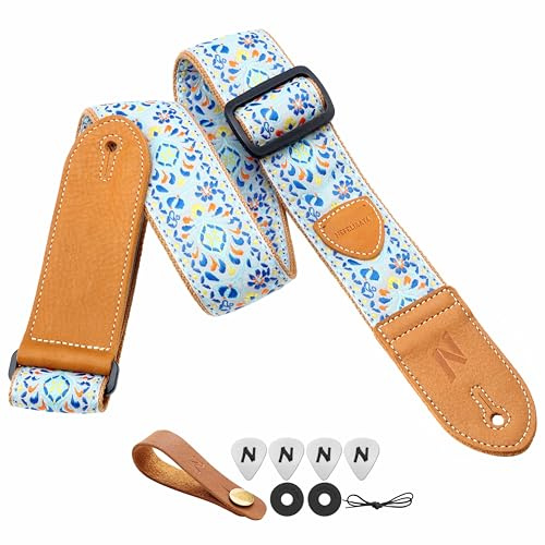 Nefelibata Gitarrengurt,2Doppelte Lederenden,Vintage Woven W/FREE BONUS-4 Plektren+Strap Locks+Strap Button,Bestes Geschenk für Bass,Elektro&Akustik Gitarren für Gitarre(Vintage blassblaue Stickerei)