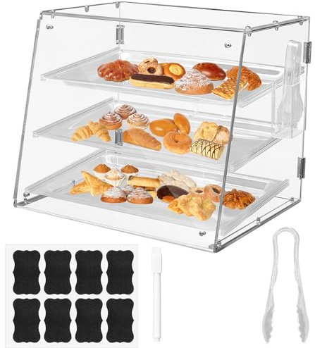Jinei Acryl-Vitrine mit 3 Etagen, für Bäckerei, Gebäck, Vitrine mit Vorder- und Hintertür, für Einzelhandel, transparente Vitrine mit Servierzange für Brot, Donut, Kekse, 53,3 x 45,7 x 41,9 cm