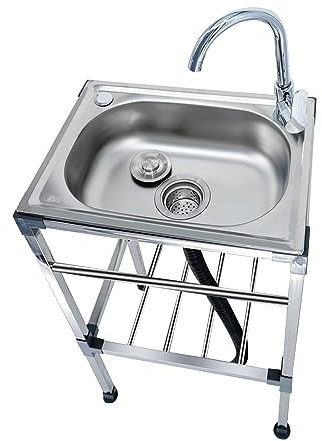 Spülbecken Edelstahl Küche Spüle Freistehend mit Heiß- Und Kaltwasserhahn, Mobiles Waschbecken mit Ablageflächen, Einfach Zu Montieren, Für Restaurant, Bar, Wäscherei, Garage, Außen ( Size : 45x60x83c