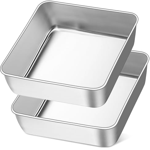 Joyfair Juego de 2 moldes cuadrados de acero inoxidable de 15,2 cm, molde para hornear pequeño, molde para tartas para cumpleaños, Navidad, brownie, lasaña, acabado mate y apto para lavavajillas, 16