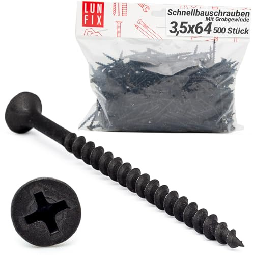 Tornillos negros para pladur 3,5x64 mm, 500 piezas, rosca gruesa | Cabeza Phillips, punta afilada, autorroscantes para madera, Lun Fix